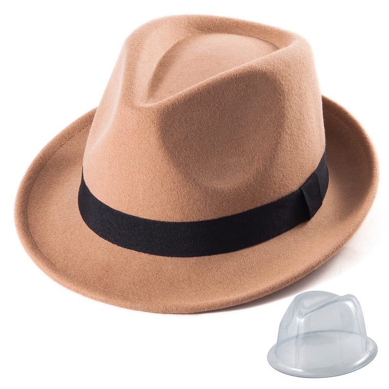LADYBRO 100% Australian Wool Felt Fedora Hats for Men Khaki Trilby Adjustable 7 1/4 - Image 1